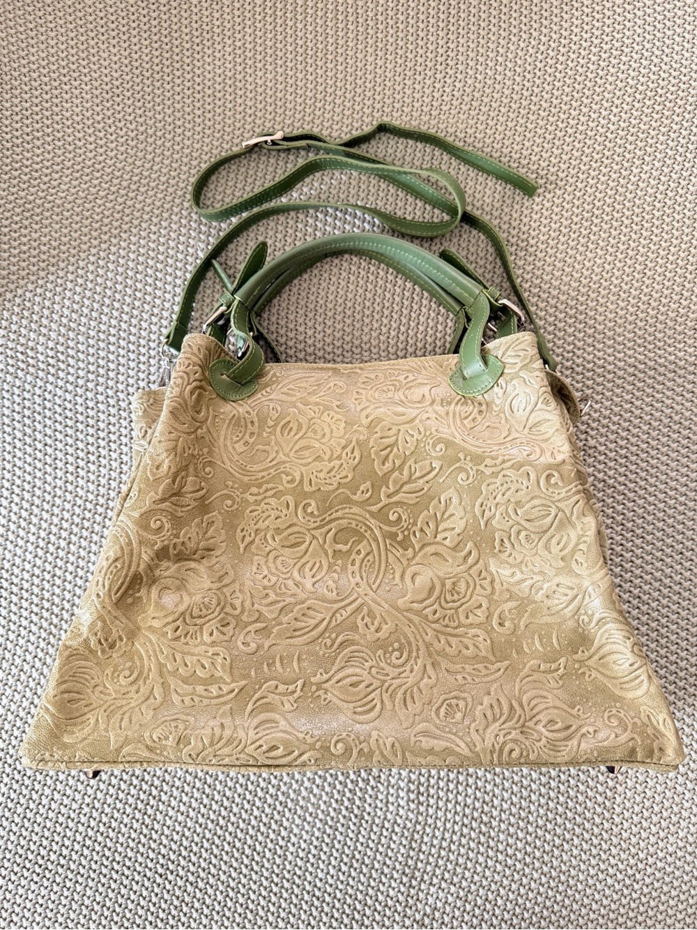 Handmade Italian Viola Gigli Embossed Green Taupe Leather Satchel/Crossbody